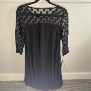 Nina Leonard Black Dress with Polka Dot Mesh Neckline